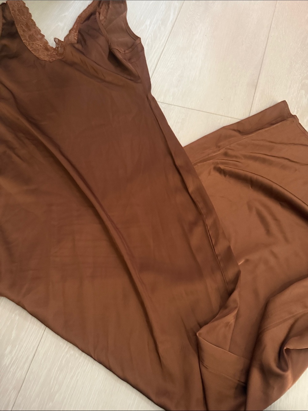 Lioness Copper-Brown Satin Lace-Trim Maxi Slip Dress - Picture 10 of 10